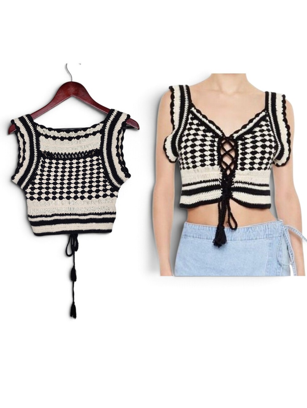 Forever 21 Crochet Geo Knit Lace Up Top in Black and Cream Size S New With Tags